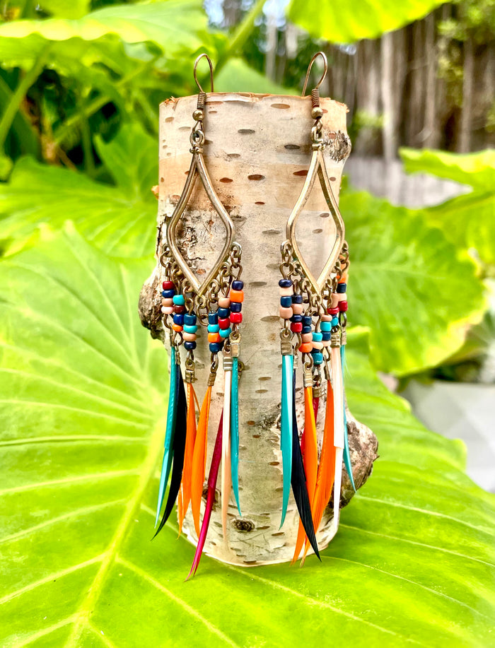 Colorful Feather & Bead Drop Earrings