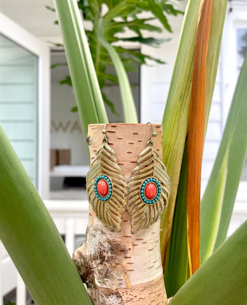 Golden Leaf Earrings with Peach and Teal Stones