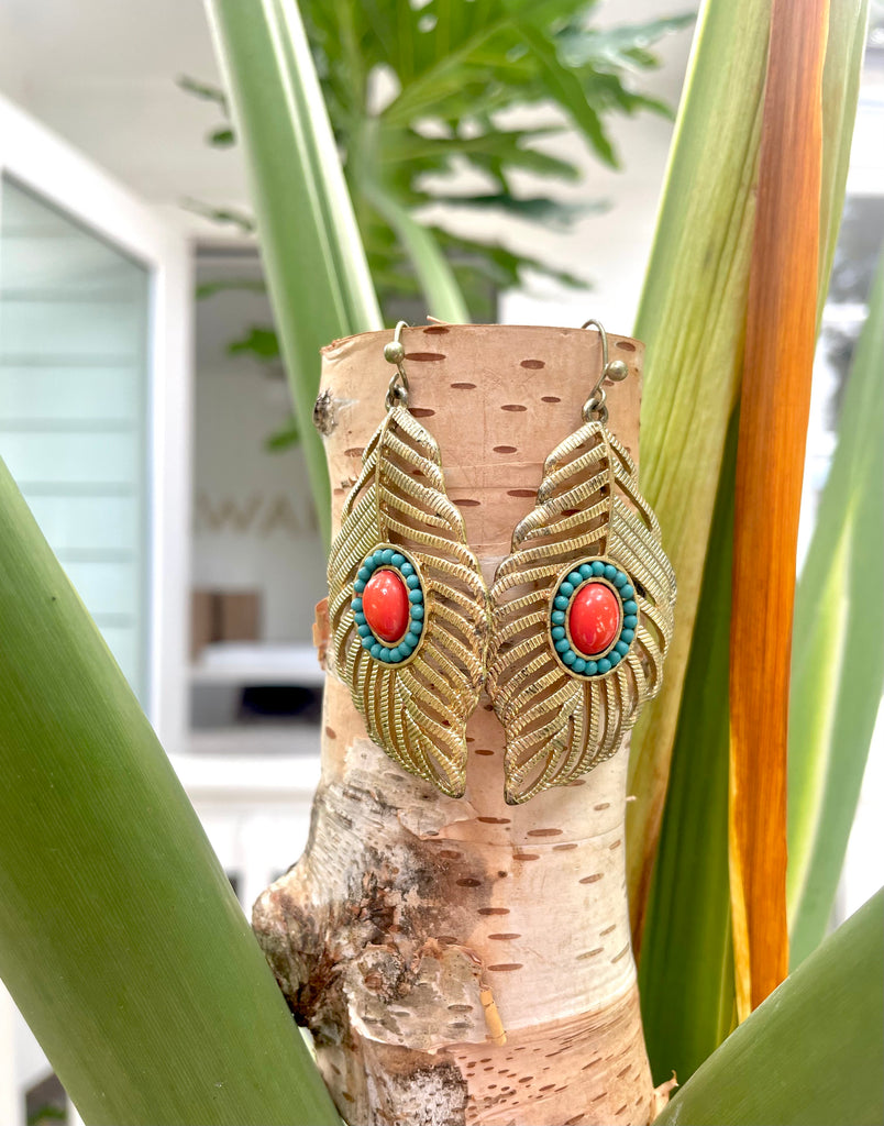 Golden Leaf Earrings with Peach and Teal Stones