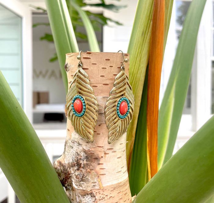 Golden Leaf Earrings with Peach and Teal Stones