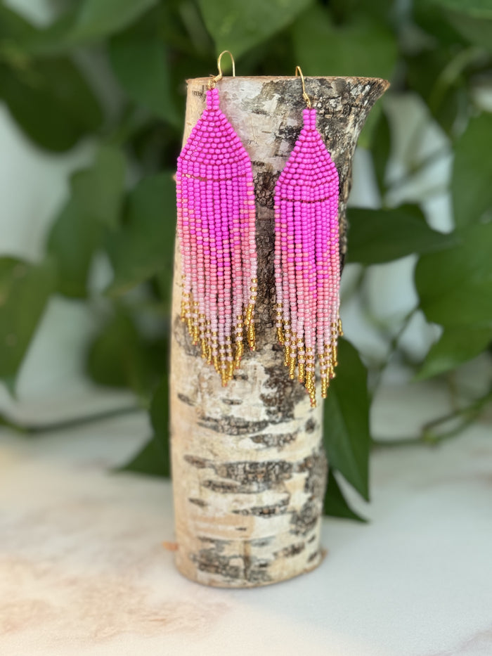 Bright Pink Beaded Boho Earrings