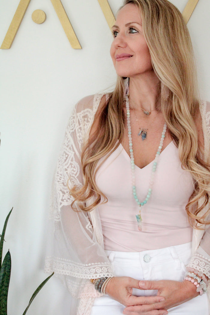 Rainbow Quartz Guru, Selenite, Amazonite, Rose Quartz Mala