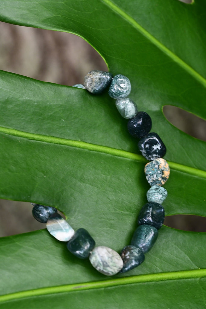 Green Round Moss Agate Beaded Bracelet With Sterling Silver | Elasaro